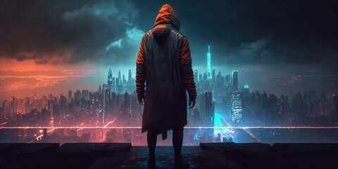 Wall Mural - Cyber city at night, man standing on roof looks at futuristic buildings in rain, generative AI.