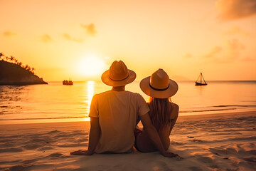 Happy couple enjoy luxury sunset on the beach during summer vacation. Generative AI