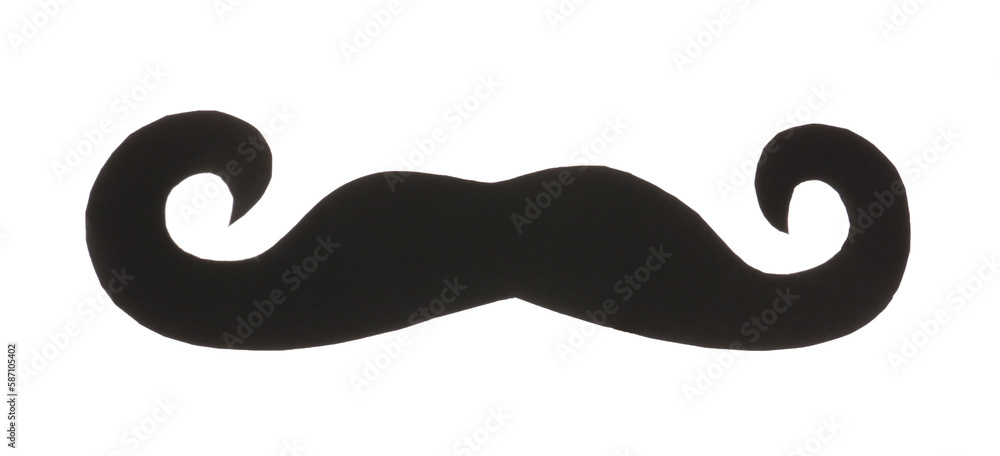 Wooden stick with paper mustache isolated on white background, closeup