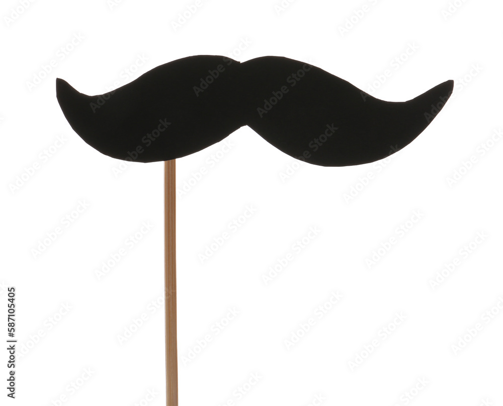 Wooden stick with paper mustache on white background, closeup