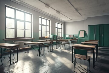 Poster - Classroom school.Interior of clean spacious classroom ready for new school year. Empty room with white walls, comfortable desks, chairs, green blackboard, whiteboard. Back to school. Generative AI