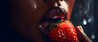 © Patrick - Sexy and sensual black woman eating a delicious and juicy strawberry. Generative Ai