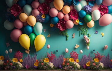 olorful Floral Backdrop with Balloons for Children's Events