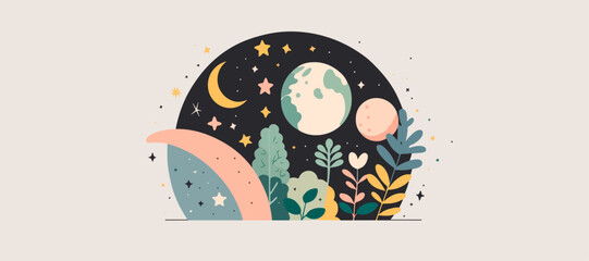 Wall Mural - earth and the moon with plants around, ecology concept, illustration, nature