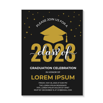 Graduation ceremony invitation card. Black and gold grad party invite. Graduation celebration announcement. Class of 2023 vector template