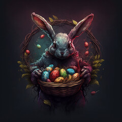Wall Mural - Rabbit in a basket with eggs, bunny, easter, made with generative AI	