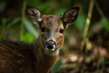 Sticker - An endangered species of deer native to Southeast Asia is the juvenile Eld's deer (Panolia eldii), also referred to as the brow antlered deer. Sanctuary for Animals in Huai Kha Khaeng. world renowned