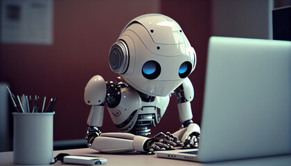 Automation worker concept with 3d rendering cyborg or robot work on desktop computer.