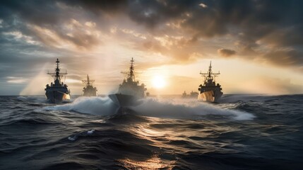 Wall Mural - Naval warships. Uboats in a active combat zone. Battleships in the navy. Military at sea.