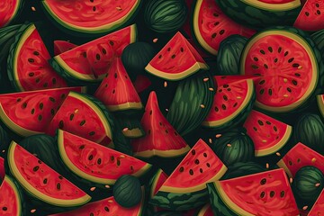 Poster - fresh watermelon slices with green leaves. Generative AI