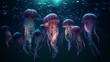 Glowing jelly fish flies the night deep sea