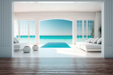 Wall Mural - Sea view dining and living room of luxury summer beach house with swimming pool near wooden terrace. Big gray sofa in vacation home or holiday villa. Generative ai.