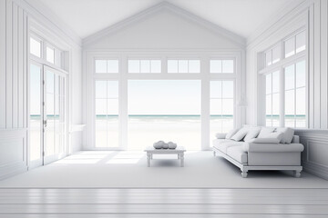 Wall Mural - empty large living room of luxury summer beach house. Big white wall background in vacation home or holiday villa. Generative ai.