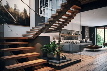 a contemporary interior design element featuring glass fencing and wooden stairs. Generative ai.