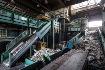 Wall Mural - A modern plant for sorting and recycling household waste and waste. Interior shot, ultra wide. Generative ai.