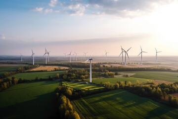 Wind Turbines Windmill Energy, green landscape, aerial view. Generative ai.