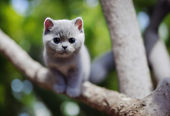 Wall Mural - british shorthair cat sits on a tree branch and is afraid waiting for a fireman to help him down the tree, generative AI