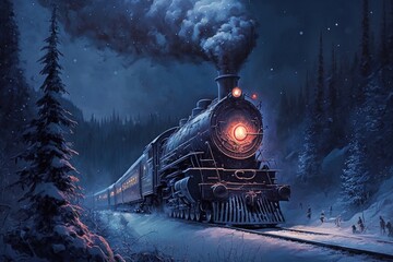 Illustration of an old steam train driving across the winter landscape. Fantasy train concept. Generative AI