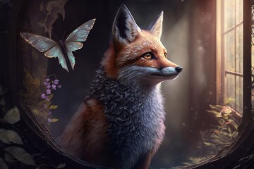 Wall Mural - a mythical untold story: an enchanted fairy fox in the shadow realm generative ai