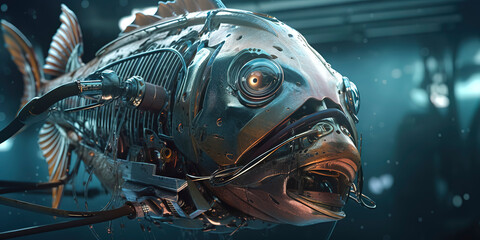 Wall Mural - amazing photography of a cyborg fish in the ocean, sea, futuristic, robot implants