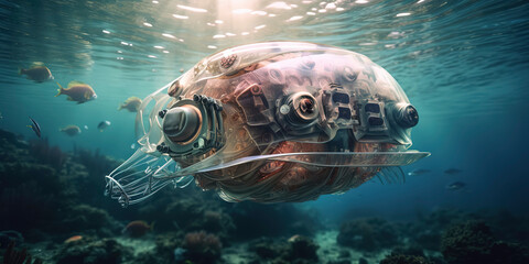 Wall Mural - amazing photography of a cyborg jellyfish in the ocean, sea, futuristic, robot implants