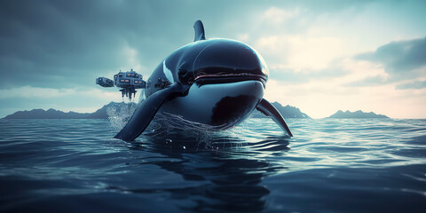 Wall Mural - amazing photography of a cyborg killer whale in the ocean, sea, futuristic, robot implants