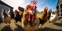 gopro selfie of a group of chickens outside a farm in the sun