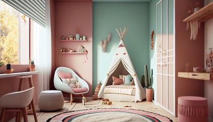 Wall Mural - Minimal background image of cute kids room interior with play tent and decor in pastel colors, copy space