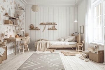 White farmhouse kids bedroom draft. Wall mocked single bed. Parquet. Boho decor,. Generative AI