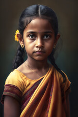 Portrait of cute little girl is posing for a photo wearing yellow saree. AI generated, human enhanced