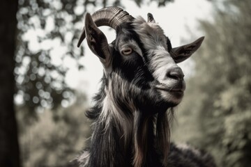 Canvas Print - A goat with strikingly enormous horns that is black and white when viewed from the side. Goat in the countryside appears content and smiling. Generative AI