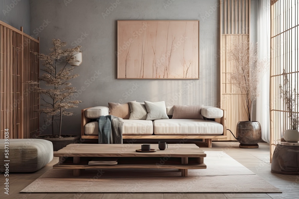 Japandi living room with plaster wall. Macrame wall art and minimalist ...