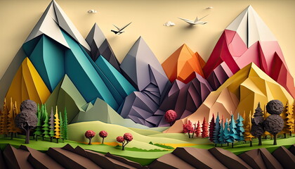 Wall Mural - Origami landscape, colorful, Made by AI,Artificial intelligence