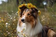 Beautiful sheltie image of a sable white Shetland sheepdog wearing a floral wreath on a warm summer day. Little collie dog with fur and a lassie face. Generative AI