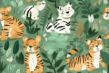 Baby room safari wild tiger motif. Seamless huge cat fluffy green textured gender neutral print. Generative AI