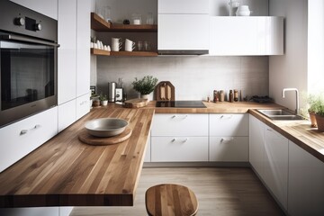 Contemporary white kitchen corner with natural oak wood countertop and equipment. Generative AI