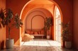 © AkuAku - Orange boho décor and arches. mockup. Generative AI