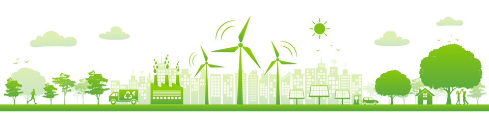 renewable and eco friendly energy concept banner. flat design elements for clean environment, techno