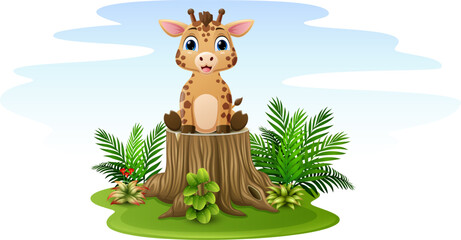 Poster - Cartoon giraffe sitting on tree stump