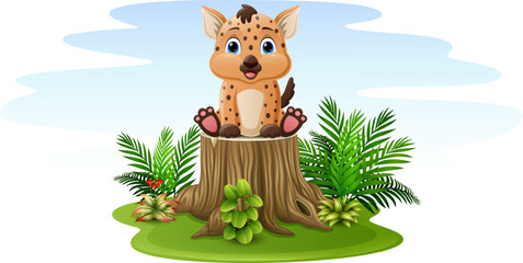 Wall Mural - Cartoon hyena sitting on tree stump