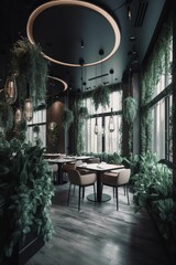 Wall Mural - The empty modern restaurant with plants at day, generative IA