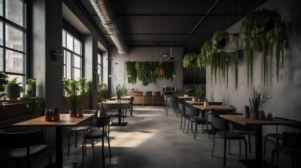 Wall Mural - The empty modern restaurant with plants at day, generative IA