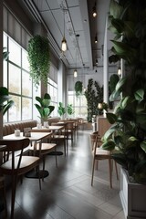 Wall Mural - The empty modern restaurant with plants at day, generative IA