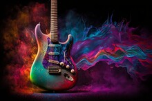 Electric Guitar Art Background With Vivid Colorful Explosive Smoke