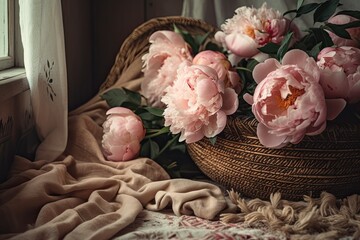 Wall Mural - Boho room with basket of peonies and linen drapes. Modern bohemian interiors. Pink peonies on rustic backdrop, atmospheric photo. Generative AI