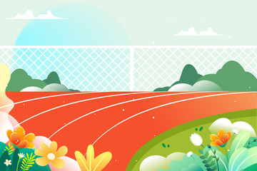 Wall Mural - People running for fitness to lose weight, running track and plants in the background, vector illustration