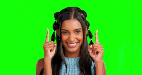 Poster - Green screen face, excited and happy woman pointing up at commercial promotion, advertising space or marketing mockup. Gen z portrait, product placement girl or chroma key female on studio background