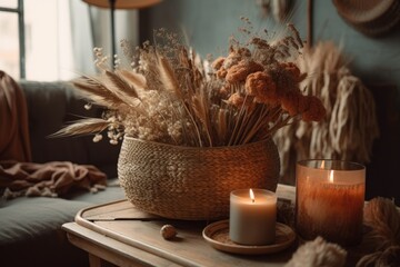 Sticker - Warm fall decor wicker basket with dried flowers, candle, and pampas grass vase on wooden table. Dried hydrangea, spikelets, ears, and plants in vase. living room. Generative AI