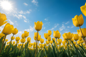 a field of yellow tulips under a blue sky 