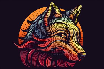 Poster - vibrant wolf face on a dark backdrop. Generative AI